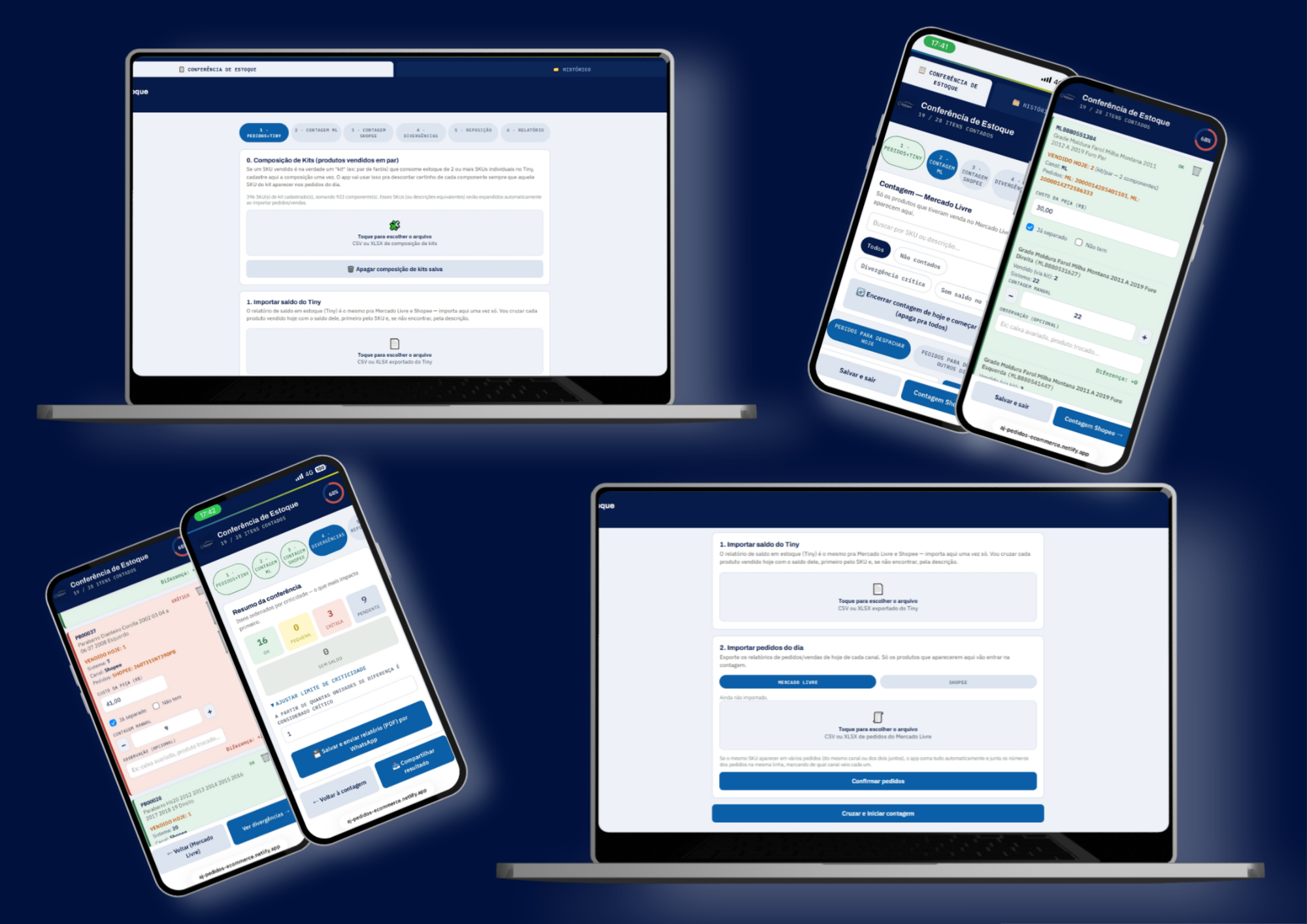 Telas do app de Conferência de Estoque: composição de kits, saldo do Tiny, contagem por Mercado Livre e Shopee, e resumo de divergências, em celular e notebook